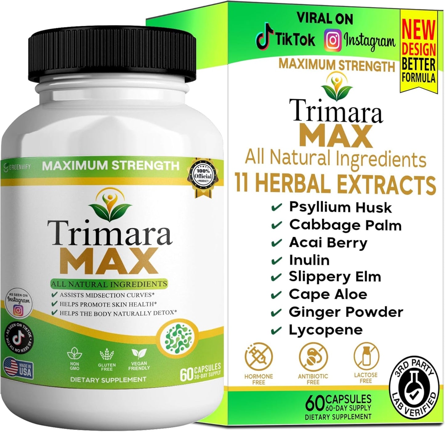 Trimara Max Maximum Strength Natural Dietary Supplement, 60 Capsules, All Natural Ingredients with Psyllium Powder, 30-Day Supply (1)