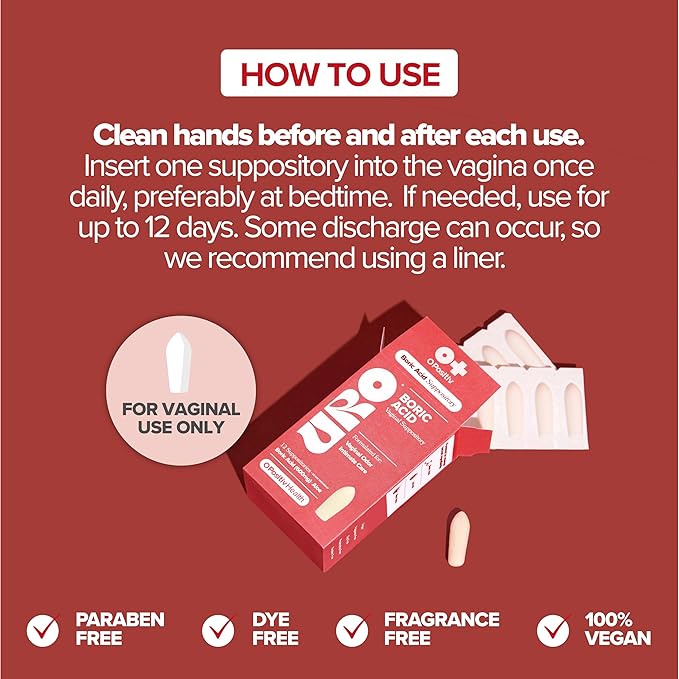 O Positiv URO Boric Acid Vaginal Suppository – with Lactic Acid, and Aloe for Fast Relief and Vaginal Odor Control – Vegan, Free from Parabens, Dyes, and Fragrances – 12 Count (Pack of 1)