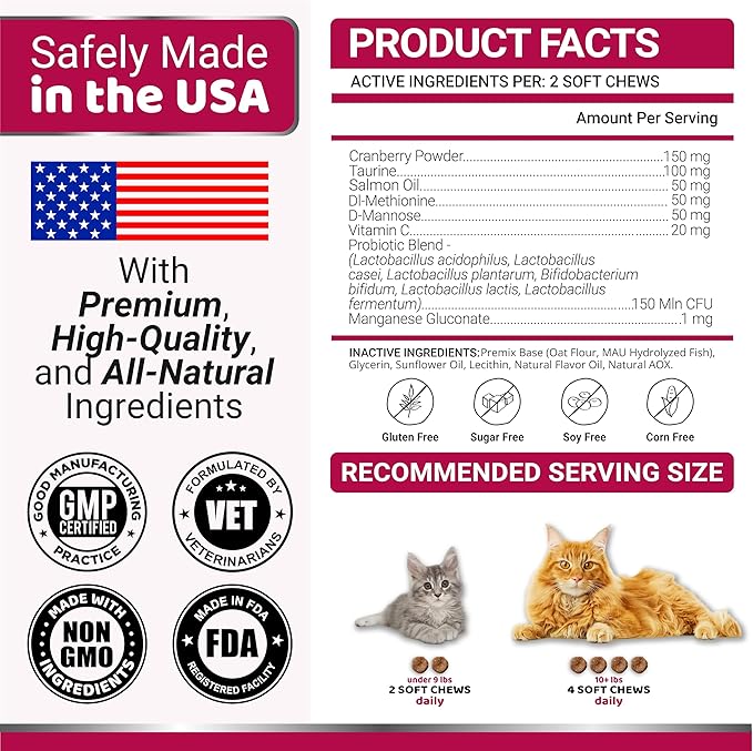 Cat Urinary Tract Health - Cranberry Supplement for Cats - Promotes Healthy Digestion & Normal Bladder Function - Probiotics - Vitamins and Food Supplements - Immune & Multivitamin Support Chews