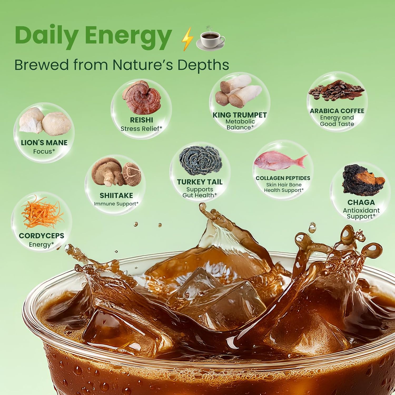 UMEWISH Mushroom Coffee Instant with Marine Collagen, Lion's Mane, Cordyceps, Turkey Tail, Chaga, Reishi for Energy, Focus, Digestion, Skin & Immunity, Keto Friendly(50 Days Supply)