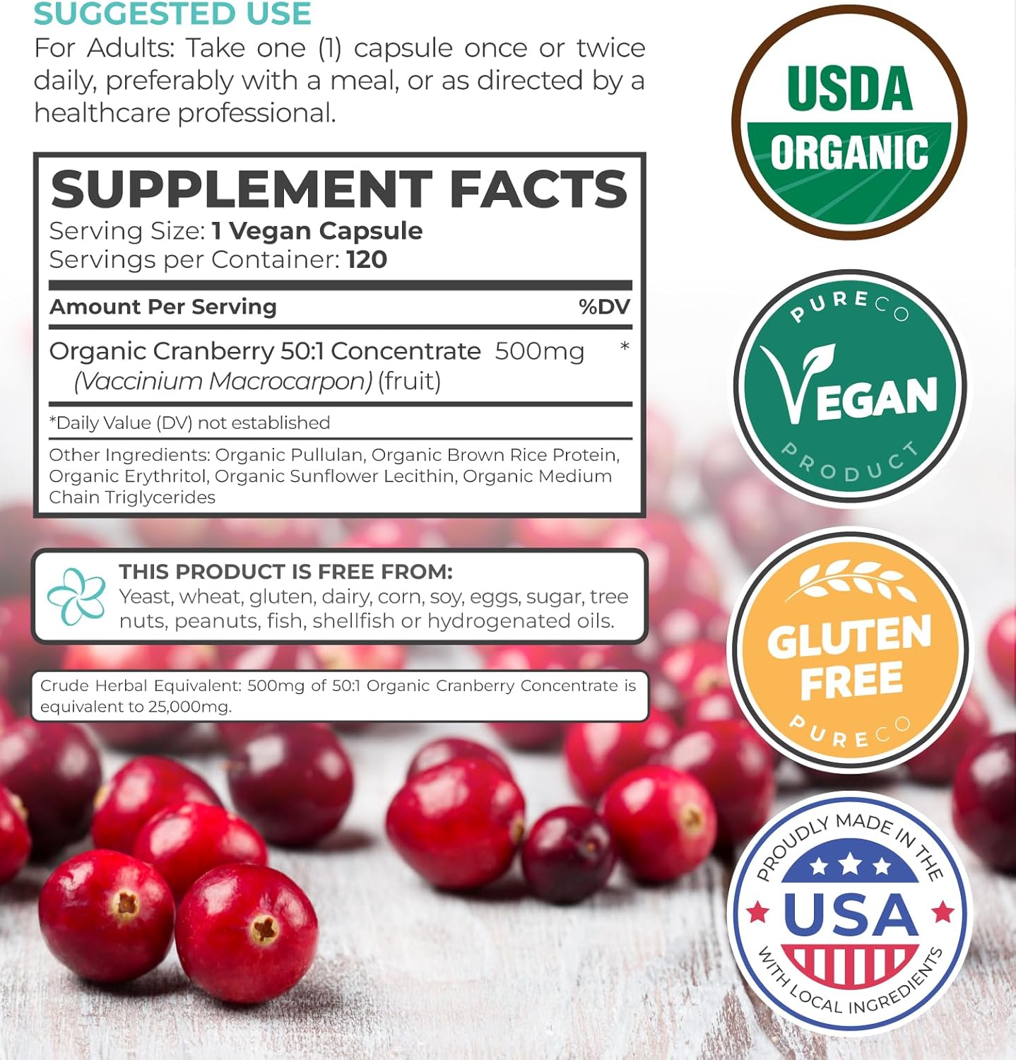 Organic Cranberry Extract Capsules - Super 50X Potency Cranberry Pills for Women to Support Urinary Tract Bladder and Kidney - Vegan Non-GMO USDA Organic & North American Sourced (4 Month Supply)