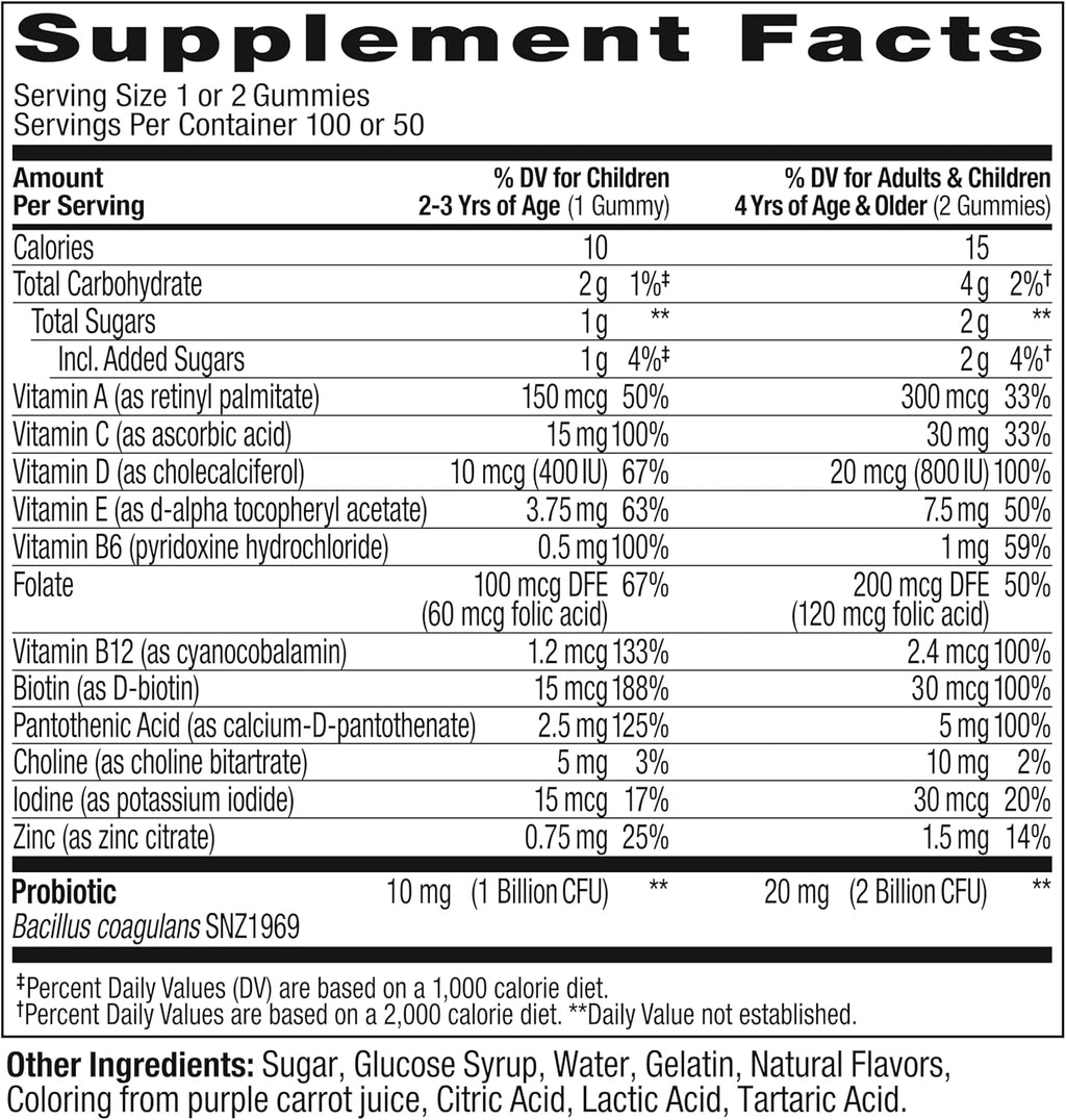 OLLY Kids Multivitamin & Probiotic Gummy, Digestive Support, Vitamins A, D, C, E, B, Zinc, Chewable Supplement, Berry Flavor, 50 day supply - 100 Count