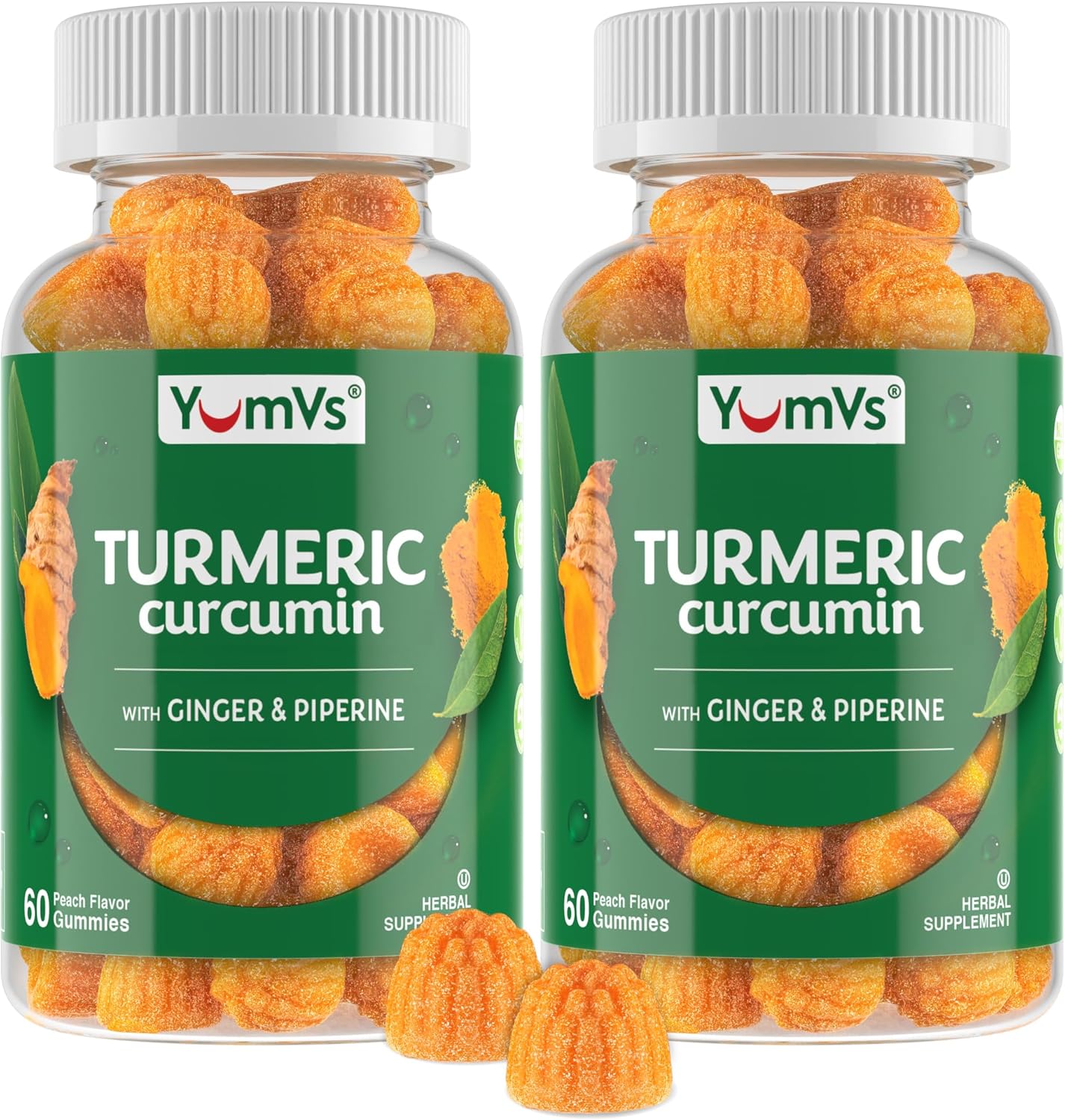 YumV's Turmeric Gummies with Ginger and Piperine - Peach Flavored Gluten Free Vegetarian Turmeric Ginger Supplement with Black Pepper 60 Count (Pack of 2)