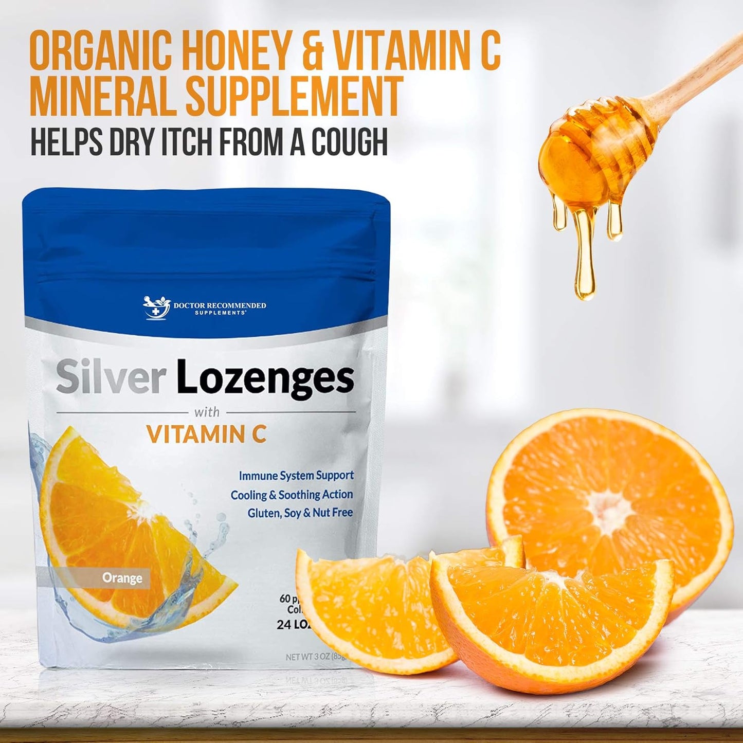 Silver Lozenges with Vitamin C - Premium Nano Silver 60 PPM Colloidal Silver, Organic Honey and Vitamin C Mineral Supplement Drops to Support Immune System, Soothe Cough & Throat - 24 Orange Lozenges