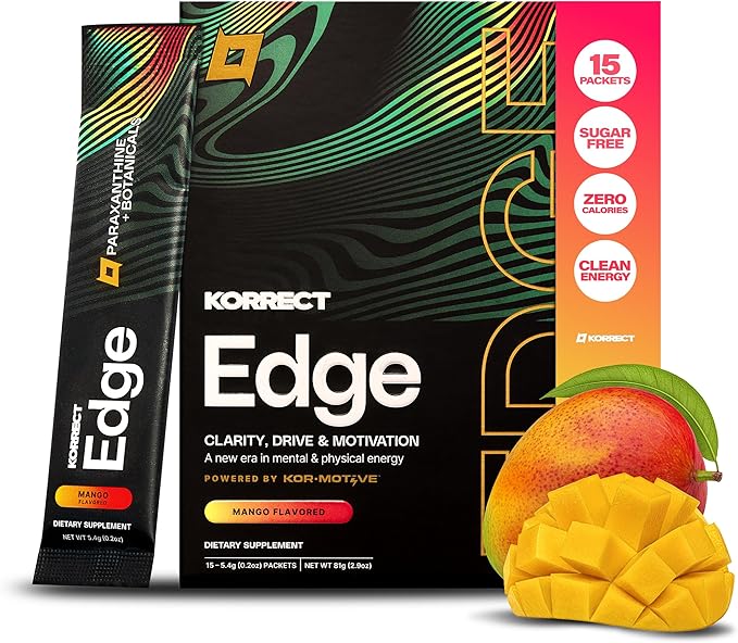 KORRECT Mental Performance Edge Powder (Mango) for Men & Women | Focus & Mental Clarity | Paraxanthine, Jitter-Free Energy | Non-GMO, cGMP Certified | 15 Packets