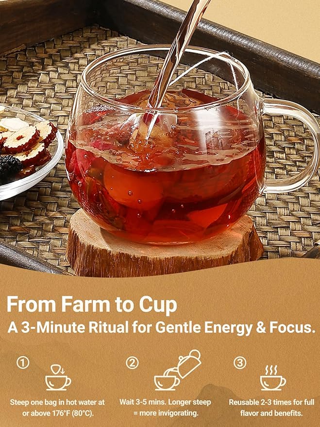 Ginseng Six Treasures Tea - 30 Bags (15 Day + 15 Night), The Daily Glow Duo: Energy & Beauty Tea, Caffeine-Free, Pure Herbal Blend with 10 Traditional Chinese Herbs, Gentle Energy & Focus for Women