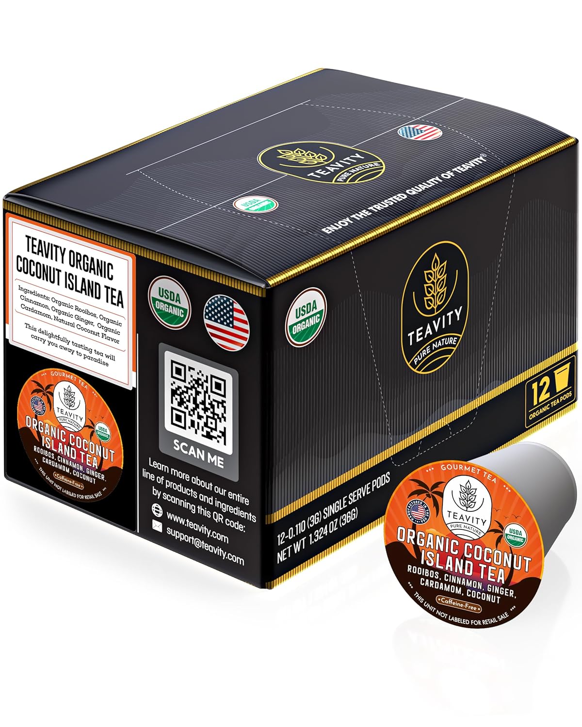 Coconut Island Teavity Organic Ginger Cinnamon Cardamom Rooibos Tea Pods for Keurig (12 Pods)