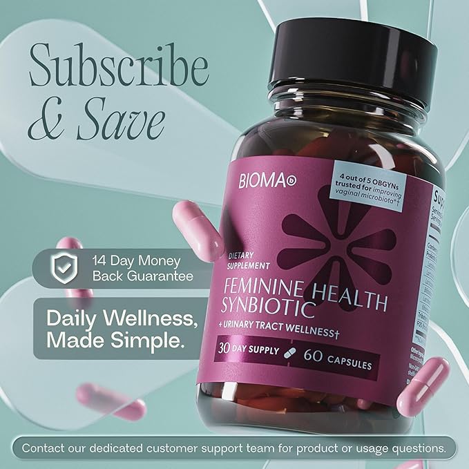 BIOMA Feminine Health Synbiotic - Women's Health Supplement for Healthy Vaginal pH, Urinary Tract & Digestive Support - with Probiotics, Cranberry & Tributyrin - 60 Capsules (30-Day Supply)