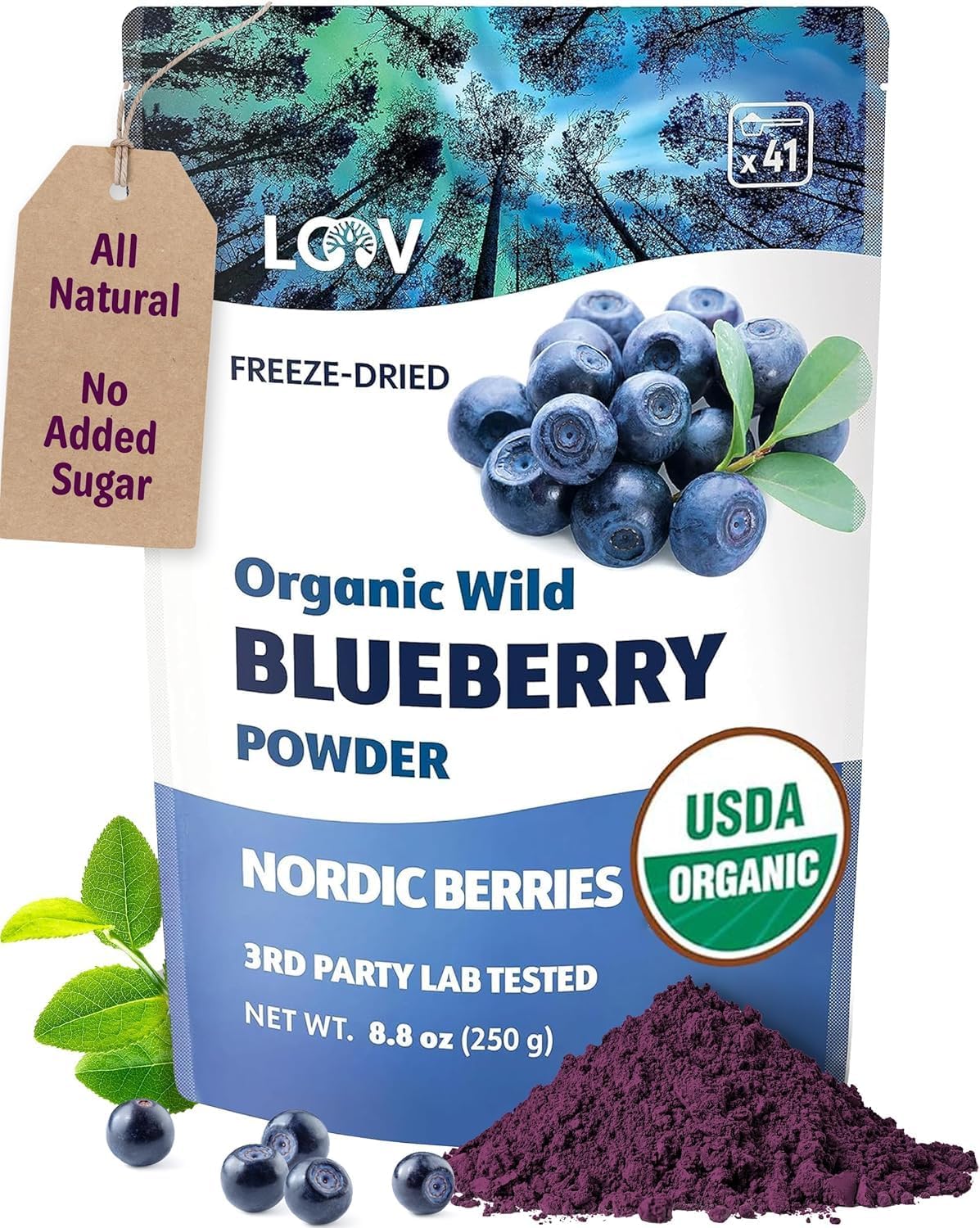 LOOV Organic Wild Blueberry Powder - 41-Day Supply, 8.8 Oz, Good for Smoothie & Breakfast, Freeze-Dried, from Northern Europe, No Added Sugar