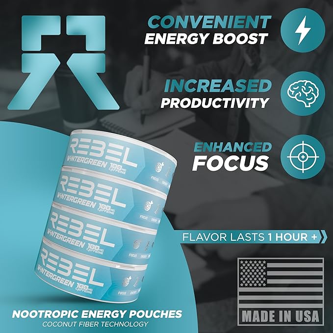 Nootropic Energy Caffeine Pouches (Wintergreen) • 100mg Caffeine • Alpha GPC • Huperzine A & Essential Vitamins • Sugar-Free • Coconut Fiber Technology • 15 Pouches Per Can (Pack of 1)