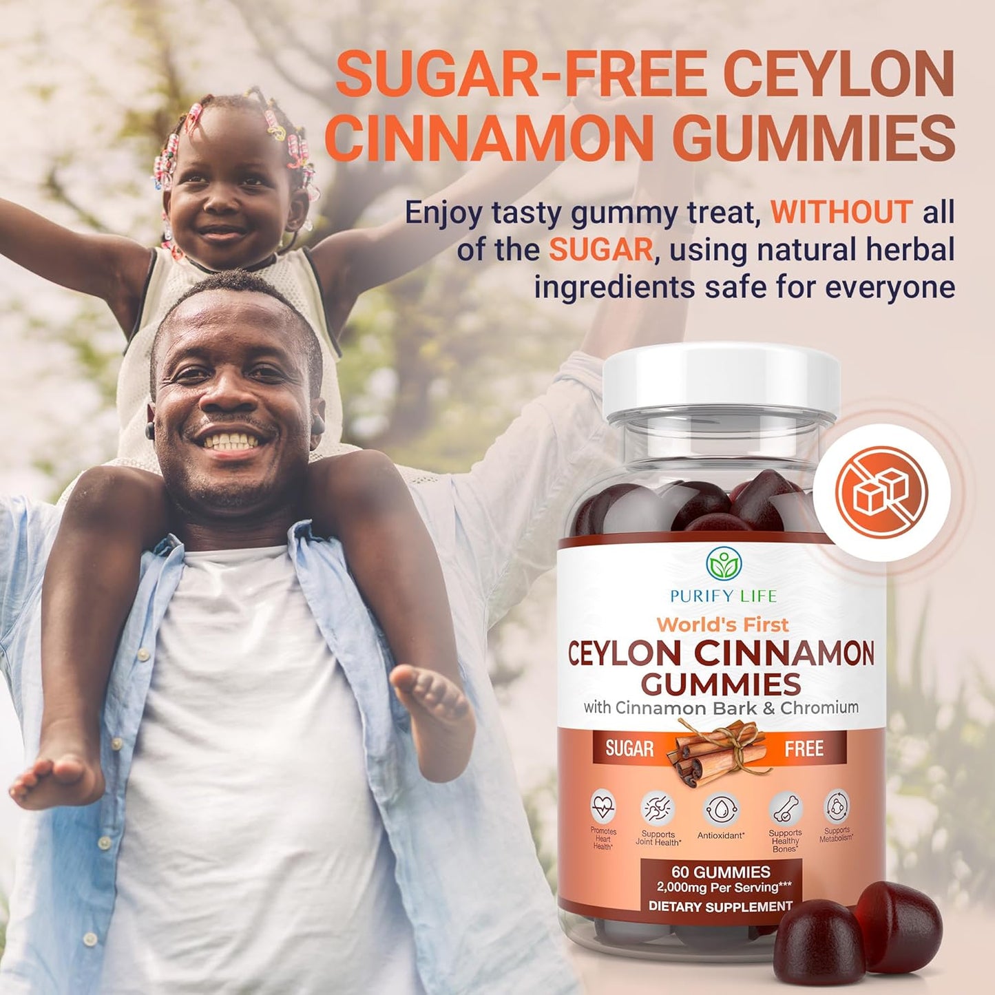 Purify Life Sugar-Free Ceylon Cinnamon Gummies (2,000mg/Serving) Ceylon Cinnamon Supplement for Brain Health, Vegan, Gluten-Free, Replace Ceylon Cinnamon Capsules, Pills, Powder, Extract (60 Chews)
