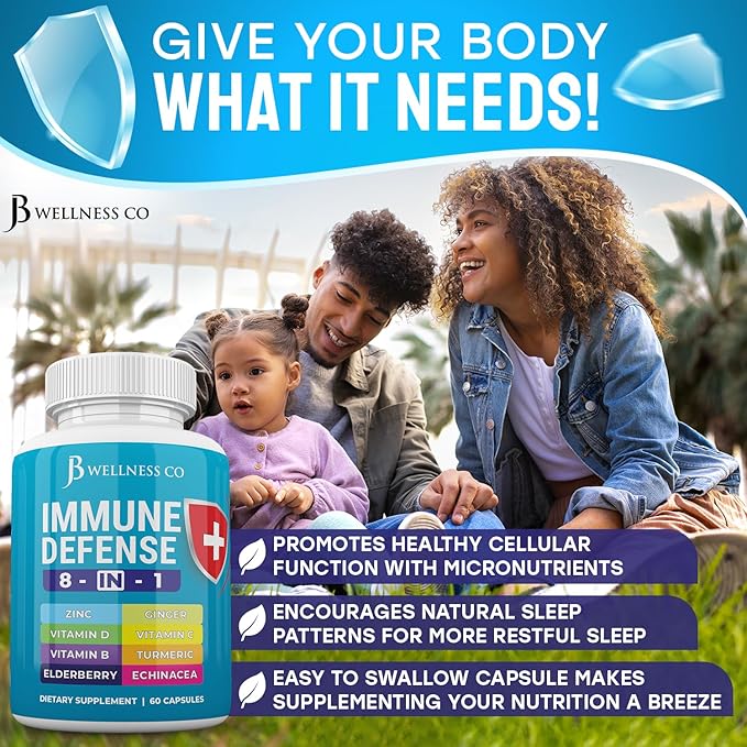 Immune Support 8 in 1 Capsules - Zinc Supplement, Vitamin D3, Vitamin C and Elderberry - Immune Booster Supplement with Echinacea, Ginger Root, and Turmeric