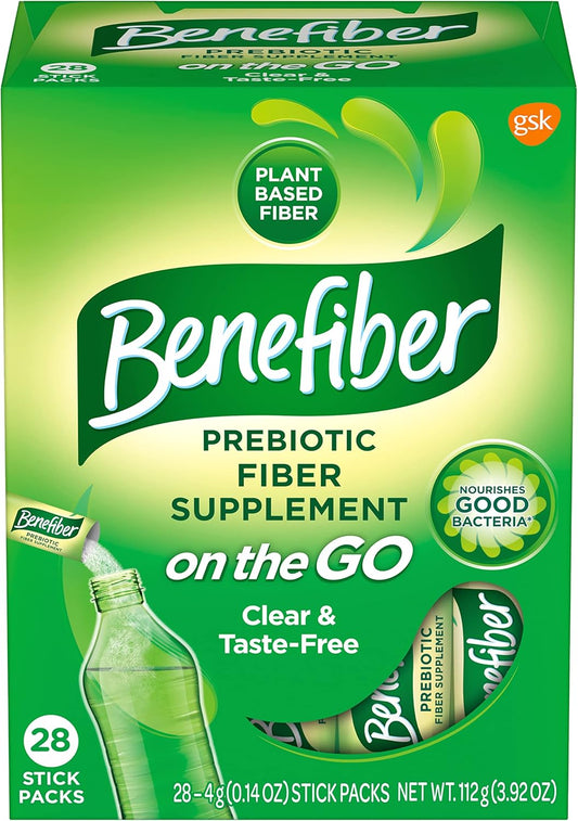 Benefiber On The Go Prebiotic Fiber Supplement Powder for Digestive Health, Daily Fiber, Unflavored - 28 Sticks (3.92 Ounces)
