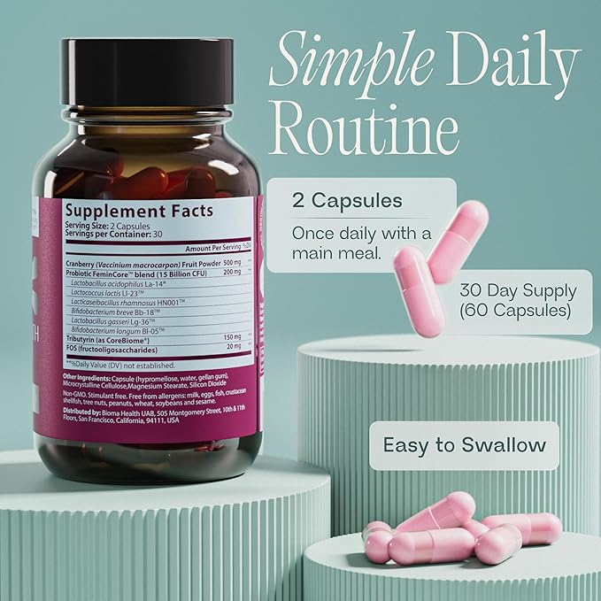 BIOMA Feminine Health Synbiotic - Women's Health Supplement for Healthy Vaginal pH, Urinary Tract & Digestive Support - with Probiotics, Cranberry & Tributyrin - 60 Capsules (30-Day Supply)