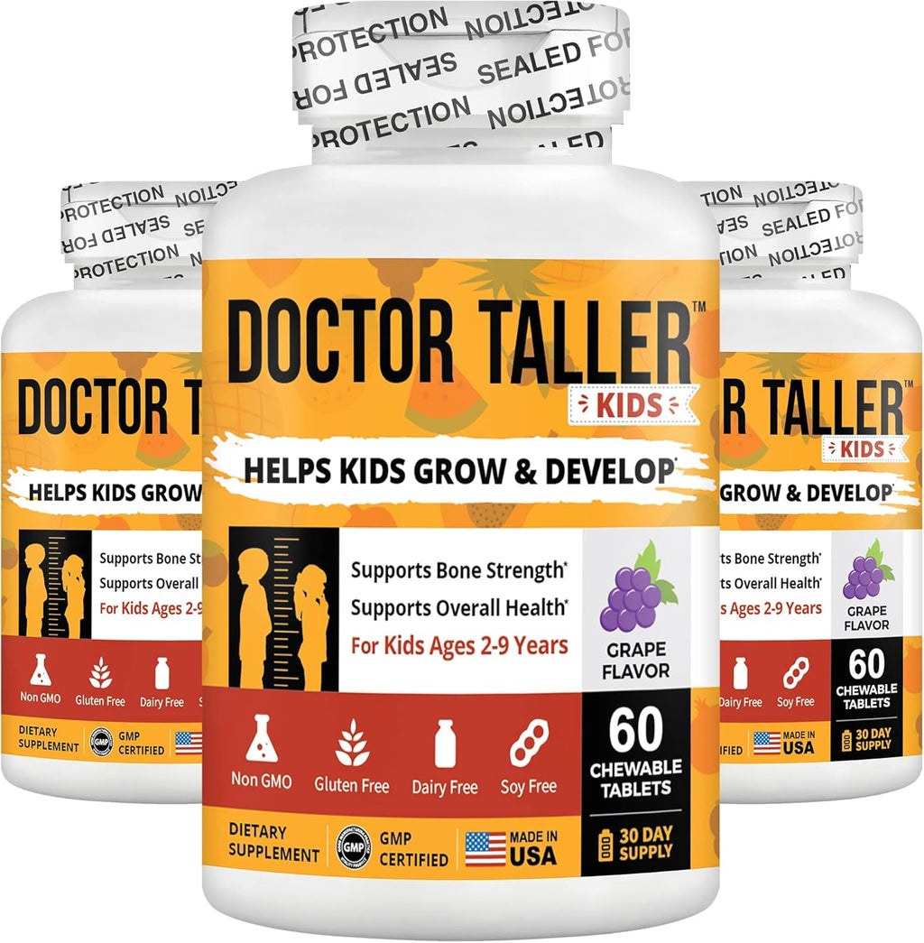 Doctor Taller Kids - Kids Multivitamins, Toddler Vitamins - Support Healthy Bone Health and Bone Strength for Ages 2 to 9 - Grape Flavor - 60 Vegan Chewable Tablets | 3 Pack