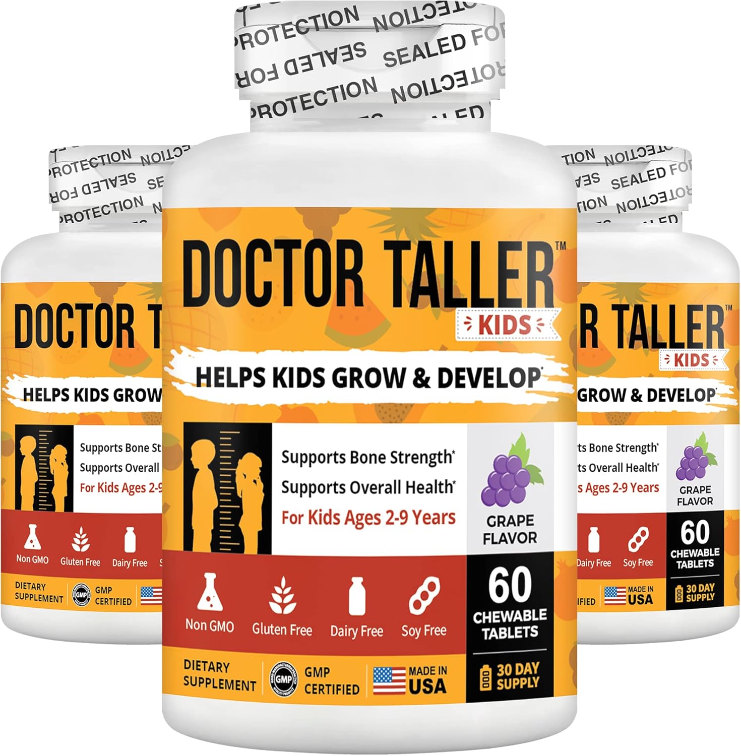 Doctor Taller Kids - Kids Multivitamins, Toddler Vitamins - Support Healthy Bone Health and Bone Strength for Ages 2 to 9 - Grape Flavor - 60 Vegan Chewable Tablets | 3 Pack