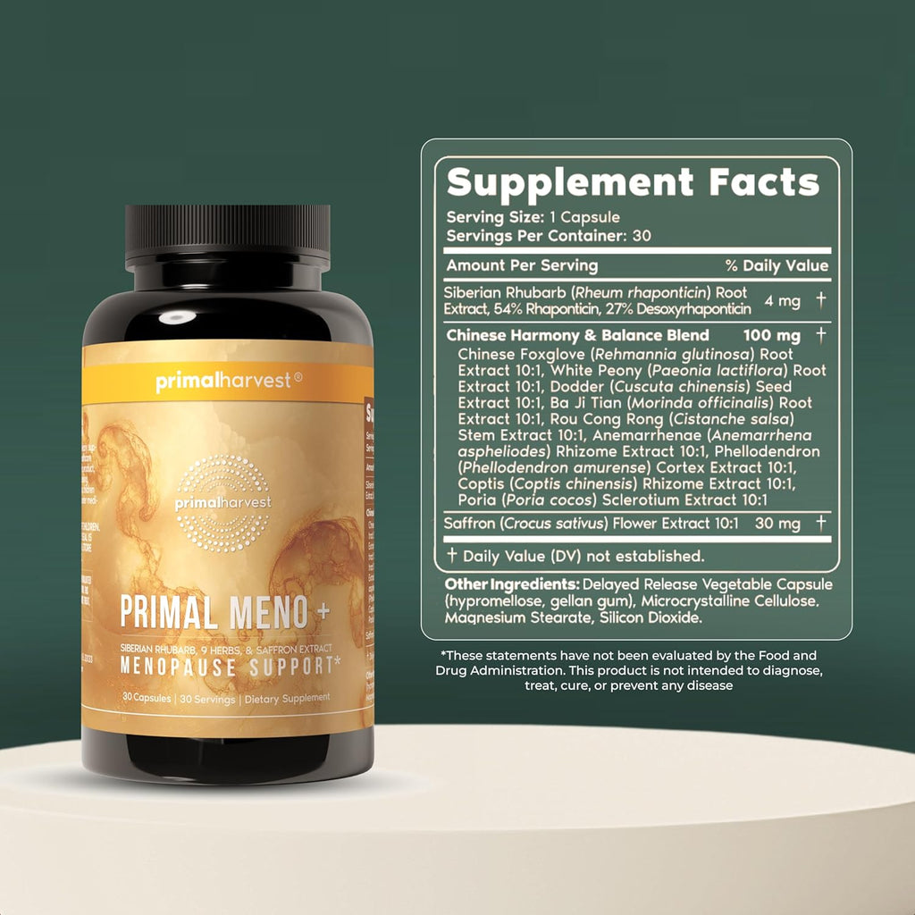 Primal Harvest Meno+ Menopause Support with Saffron & Chinese Herbs Support Mood, Menopausal Symptom Relief, & General Well-Being (1 Pack)