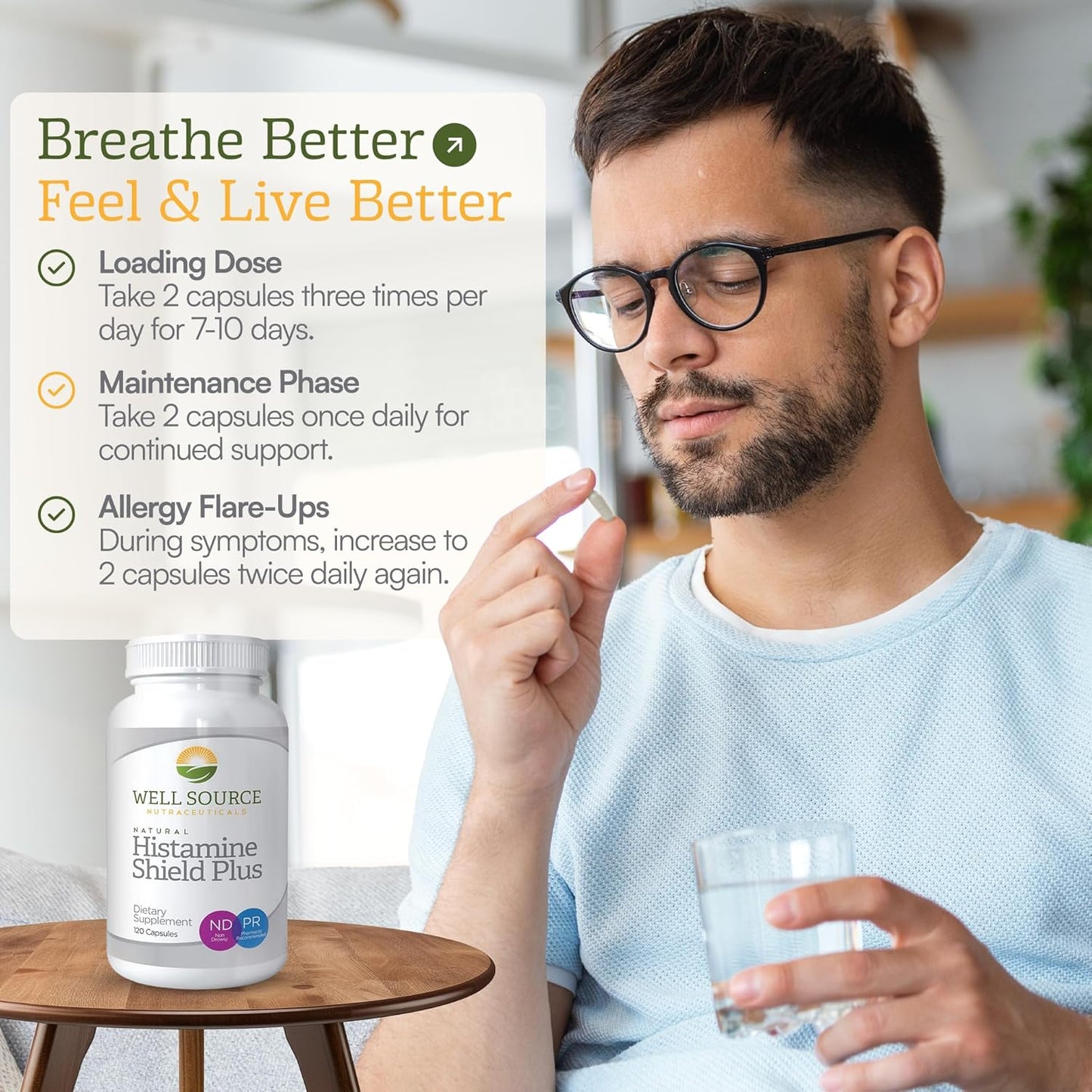 Histamine Shield Plus™ Natural Antihistamine Supplement for Adults, Sinus & Allergy Relief for Pollen, Pet Dander, Dust, Mold, and Odors, Quercetin with Bromelain & Stinging Nettle 120 Capsules