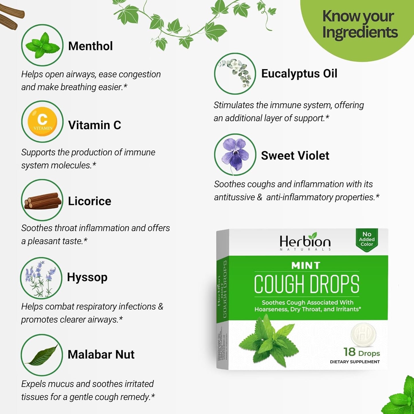 HERBION Naturals Cough Drops with Natural Mint Flavor, Soothes Cough, for Adults and Children Over 6 Years, 18 Drops, 108 Lozenges, Pack of 6