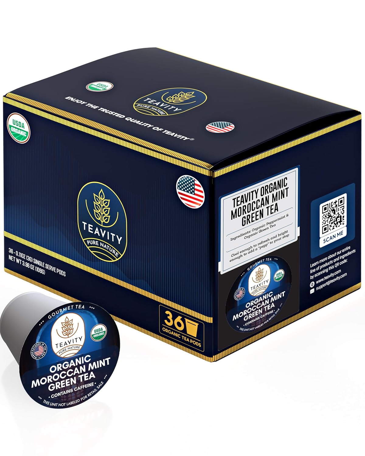 Organic Moroccan Mint Tea and Green Tea Pods for Keurig - Caffeinated Unsweet Tea for K Cup Brewing by Teavity (36 Tea Pods)