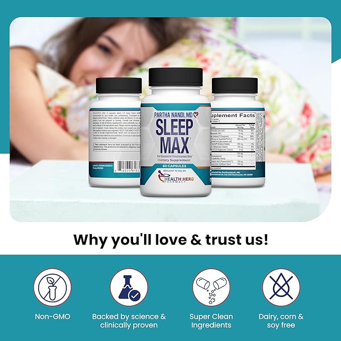 Sleep Max Natural Sleep Aid – Magnesium, GABA, 5-HTP & Taurine – REM Sleep & Deep Sleep Supplement Without Melatonin – Non-Habit Forming Vegan Herbal Sleep Aid – Non-GMO – 60 Capsules