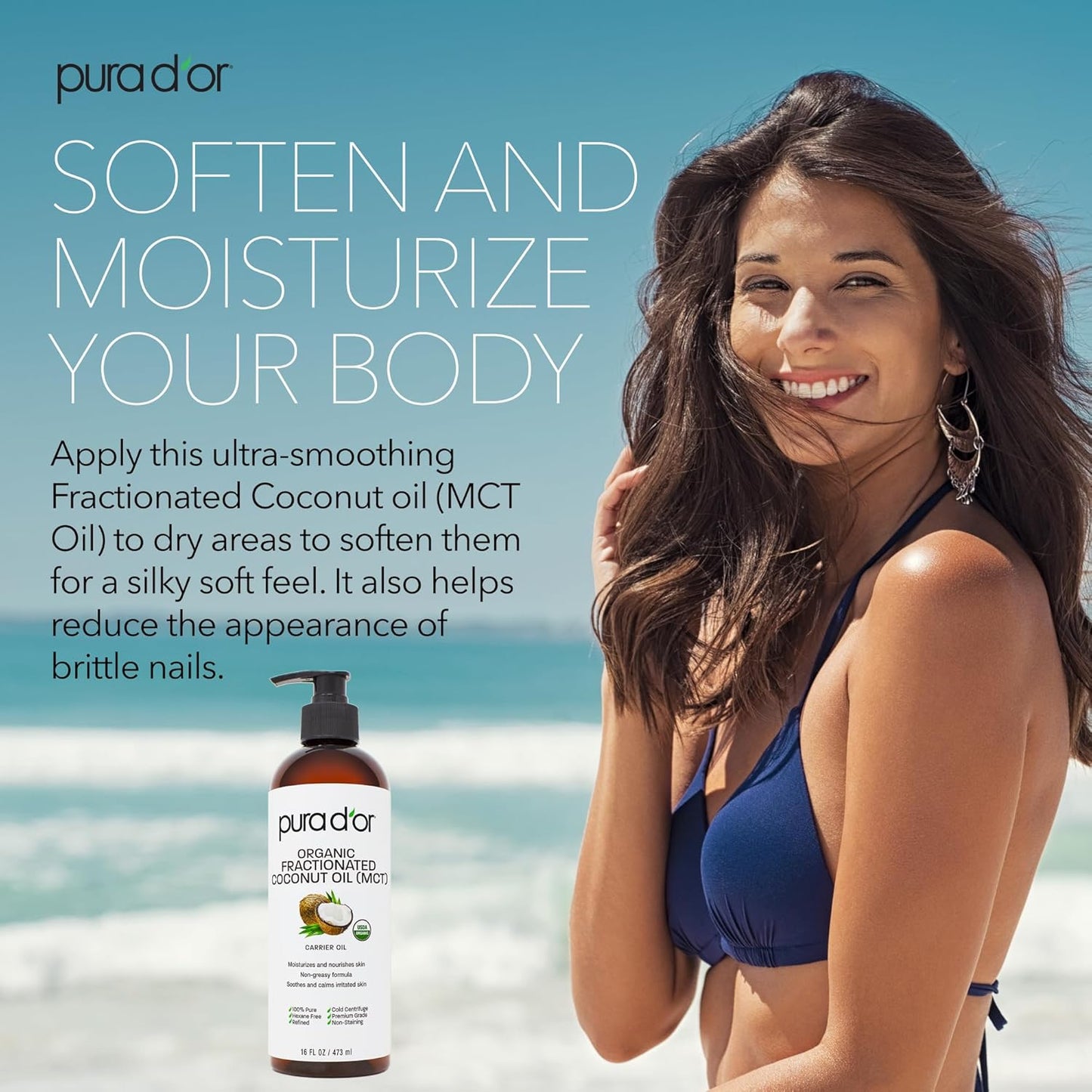 PURA D'OR 16 Oz ORGANIC Fractionated Coconut Oil – USDA Certified – MCT Oil – Therapeutic, Hydrating, Lightweight Moisturizer – Hexane Free Carrier Oil For Essential Oils & Massage – Face, Hair & Body