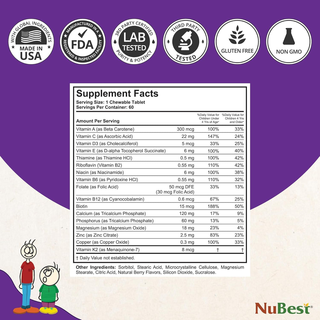 NuBest Tall Kids - Helps Grow & Develop Healthily - Immunity & Bone Strength Support - Toddlers Vitamins & Kids Vitamins for Age 2 to 9-60 Chewable Tablet - Funny Animal Shape - 2 Pack
