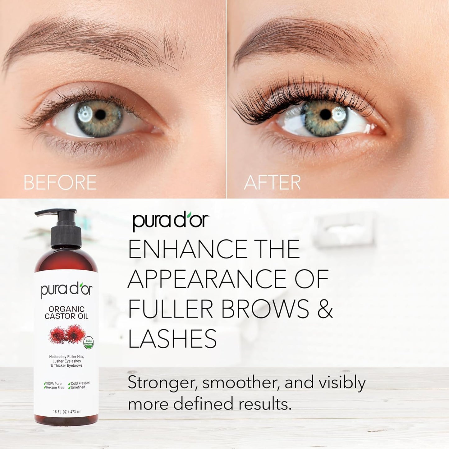 PURA D'OR 16 Oz Organic Castor Oil – Pure Cold-Pressed Hexane-Free USDA Certified – Lashes Brows Hair Scalp Skin – Botanical Moisturizer for Softness Strength Hydration Shine Radiance – Bulk Size