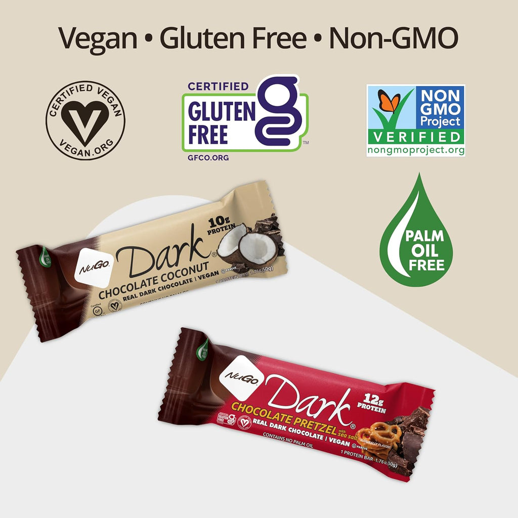 NuGo Dark Variety - Pretzel w/Sea Salt 12 bars & New! Chocolate Almond w/Sea Salt 12 bars, 12g Protein Bar, Vegan, Gluten Free, Non-GMO, Kosher Pareve, 24 count