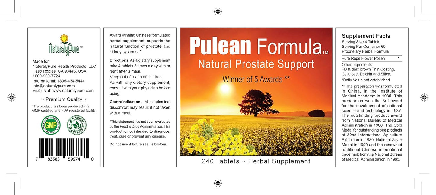Pulean Formula - Natural Enlarged Prostate Support, Winner of 5 Awards. 240 Tablets
