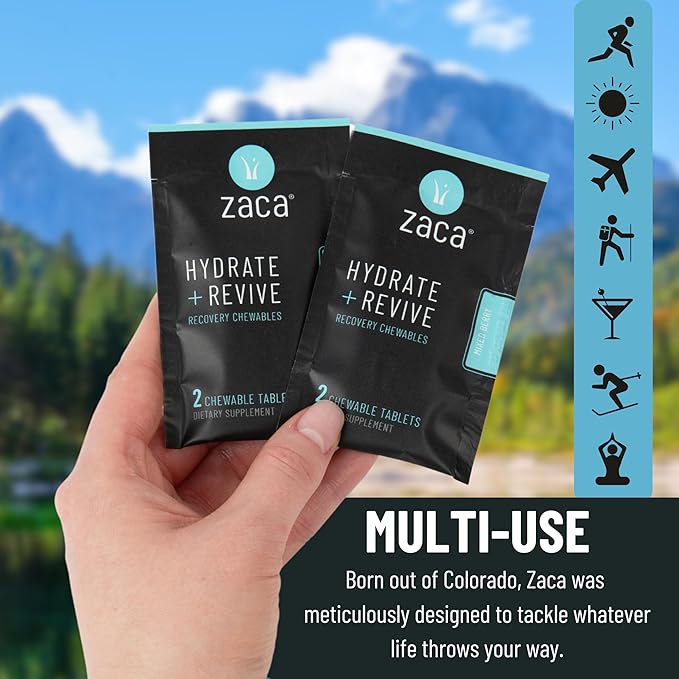 Zaca Recovery Chewable Supplement | Hydrate + Revive | Party, Travel, Exercise & Altitude | Sugar Free & Gluten Free | Mixed Berry, 6 Packets = 12 Tablets