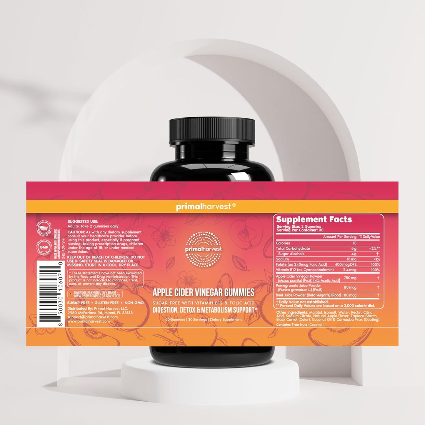 Primal Harvest 2 Pack, ACV Gummies, Sugar Free Apple Cider Gummies Beetroot and Pomegranate to Support Immunity, Digestion and Detox 750 MG (120 Count)