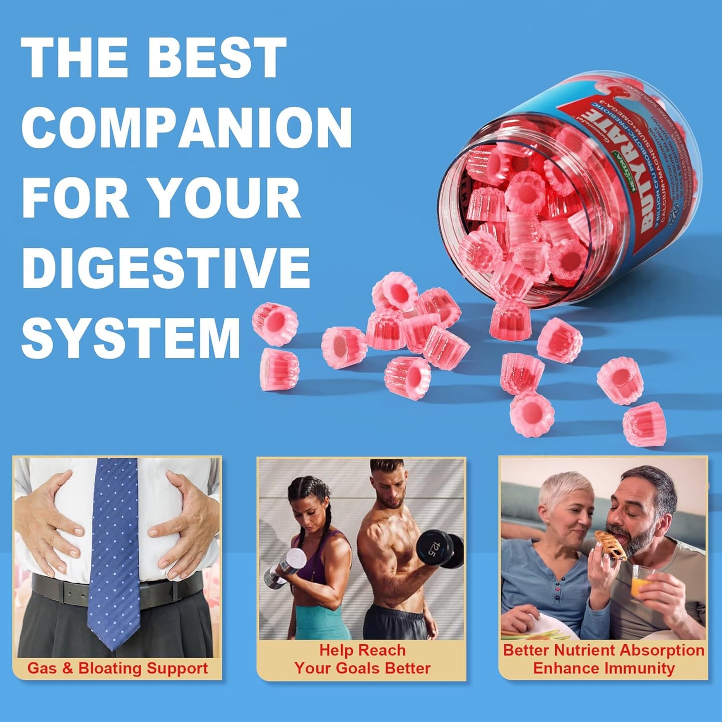 Butyrate Gummies with Probiotic + Prebiotic + Postbiotic, Omega-3 500mg,Fiber with 9 Billion CFU Probiotics, Calcium & Magnesium, Inulin,Psyllium Husk for Digestive Health,Bloating Support,Sugar Free