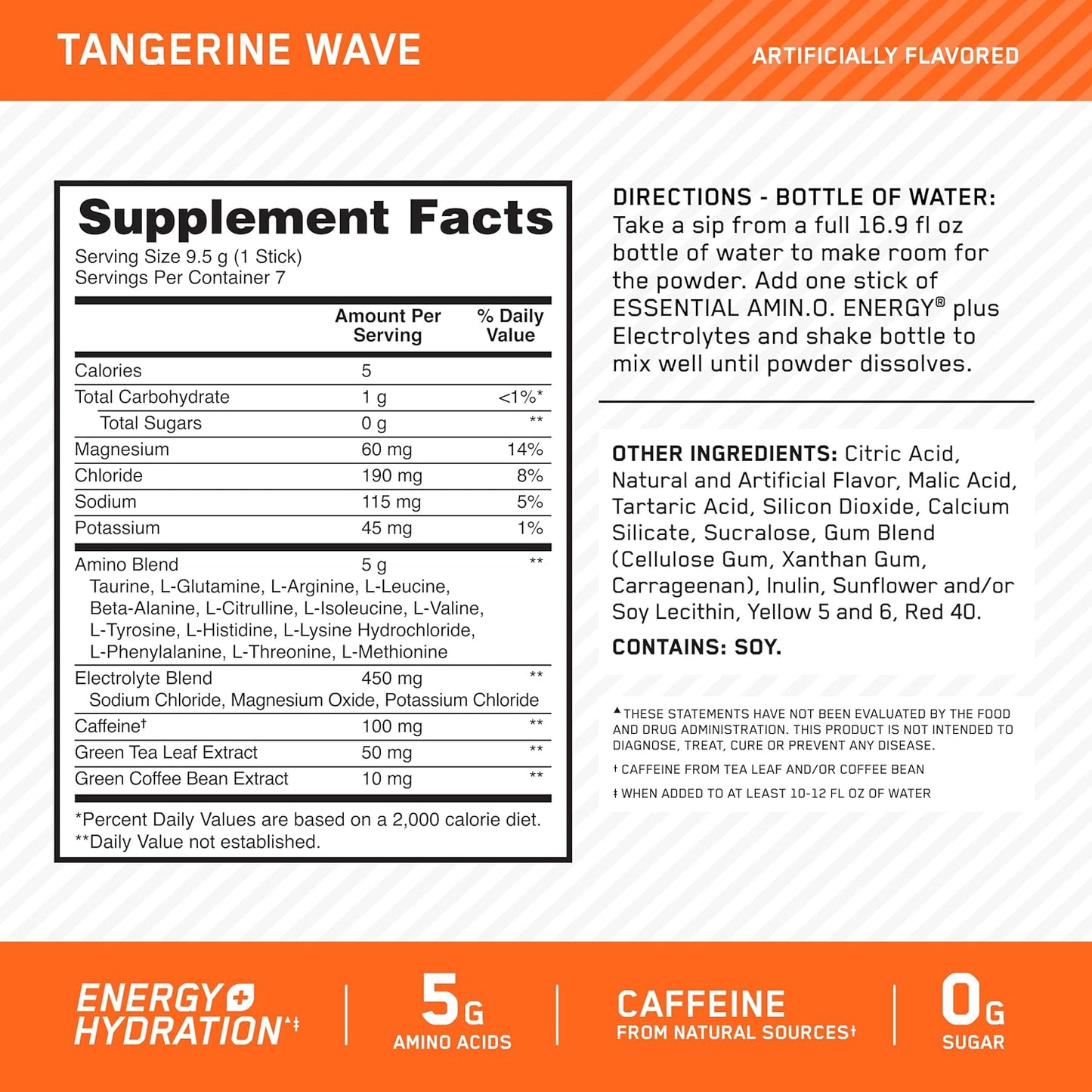 Optimum Nutrition Essential Amino Energy Plus Electrolytes Stick Packs, Energy Powder, Tangerine Wave, 7 Count