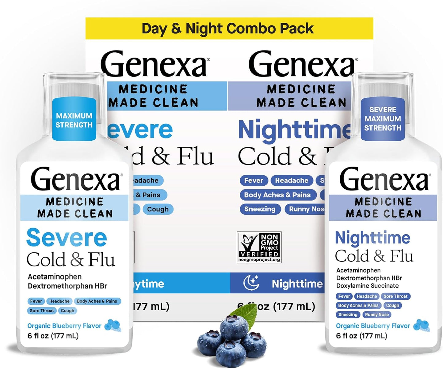 Genexa Clean Cold & Flu Daytime + Nighttime Severe Relief, Dye Free, 0% Artificial Additives, Acetaminophen Fever Reducer, Cough Suppressant, Antihistamine, Organic Blueberry Flavor, 12 fl oz (2 pack)
