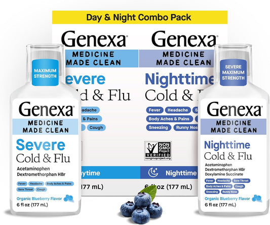 Genexa Clean Cold & Flu Daytime + Nighttime Severe Relief, Dye Free, 0% Artificial Additives, Acetaminophen Fever Reducer, Cough Suppressant, Antihistamine, Organic Blueberry Flavor, 12 fl oz (2 pack)