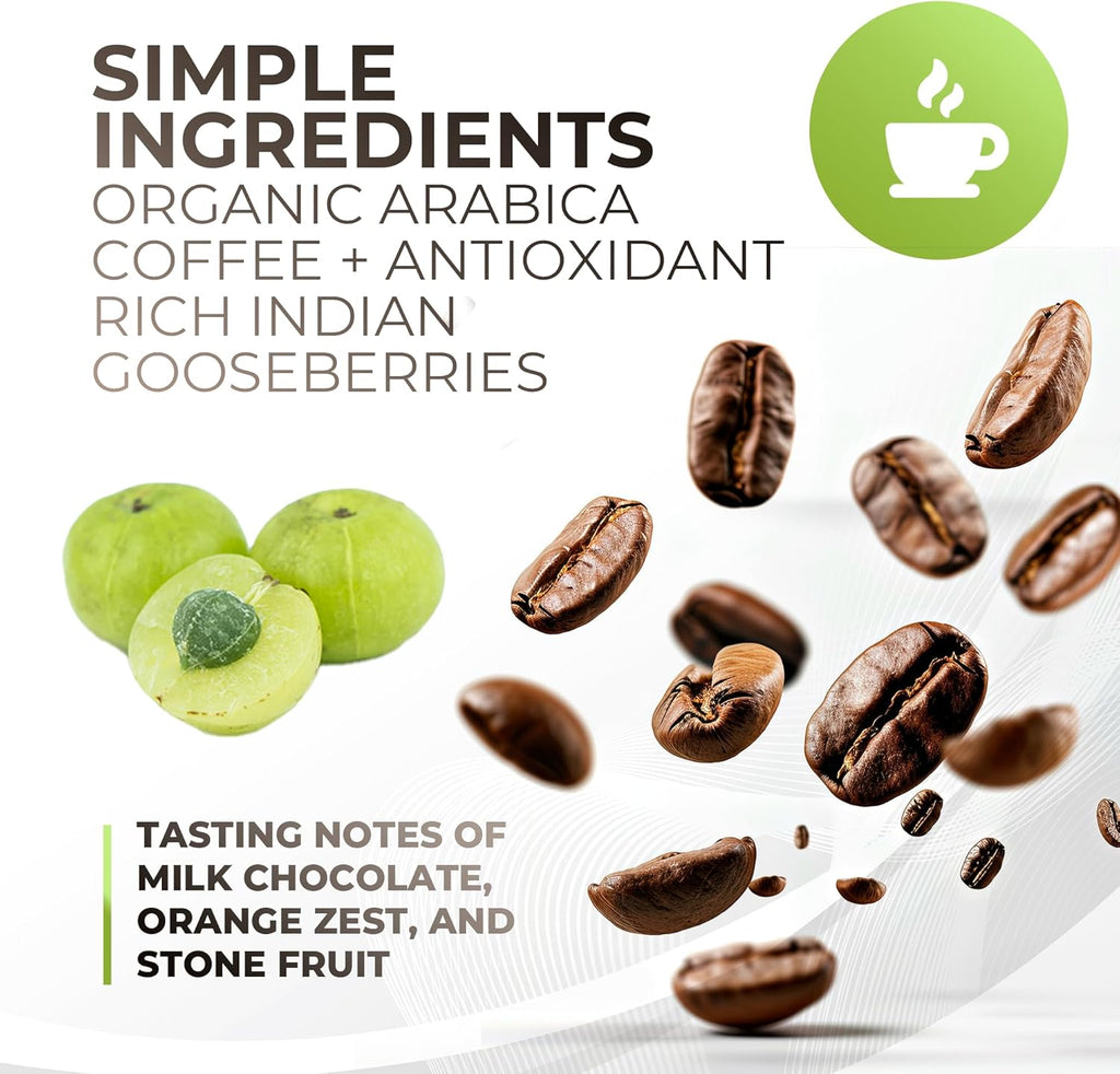 Amla Green Organic Ground Superfood Coffee, Medium Roast Gourmet Coffee with Antioxidant Rich Indian Gooseberry, 100% Arabica Specialty Coffee, 16 Oz