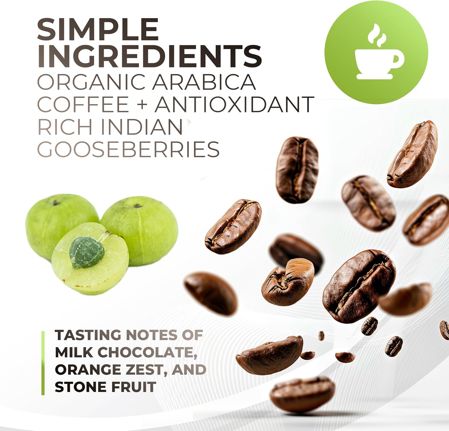 Amla Green Organic Ground Superfood Coffee, Medium Roast Gourmet Coffee with Antioxidant Rich Indian Gooseberry, 100% Arabica Specialty Coffee, 16 Oz