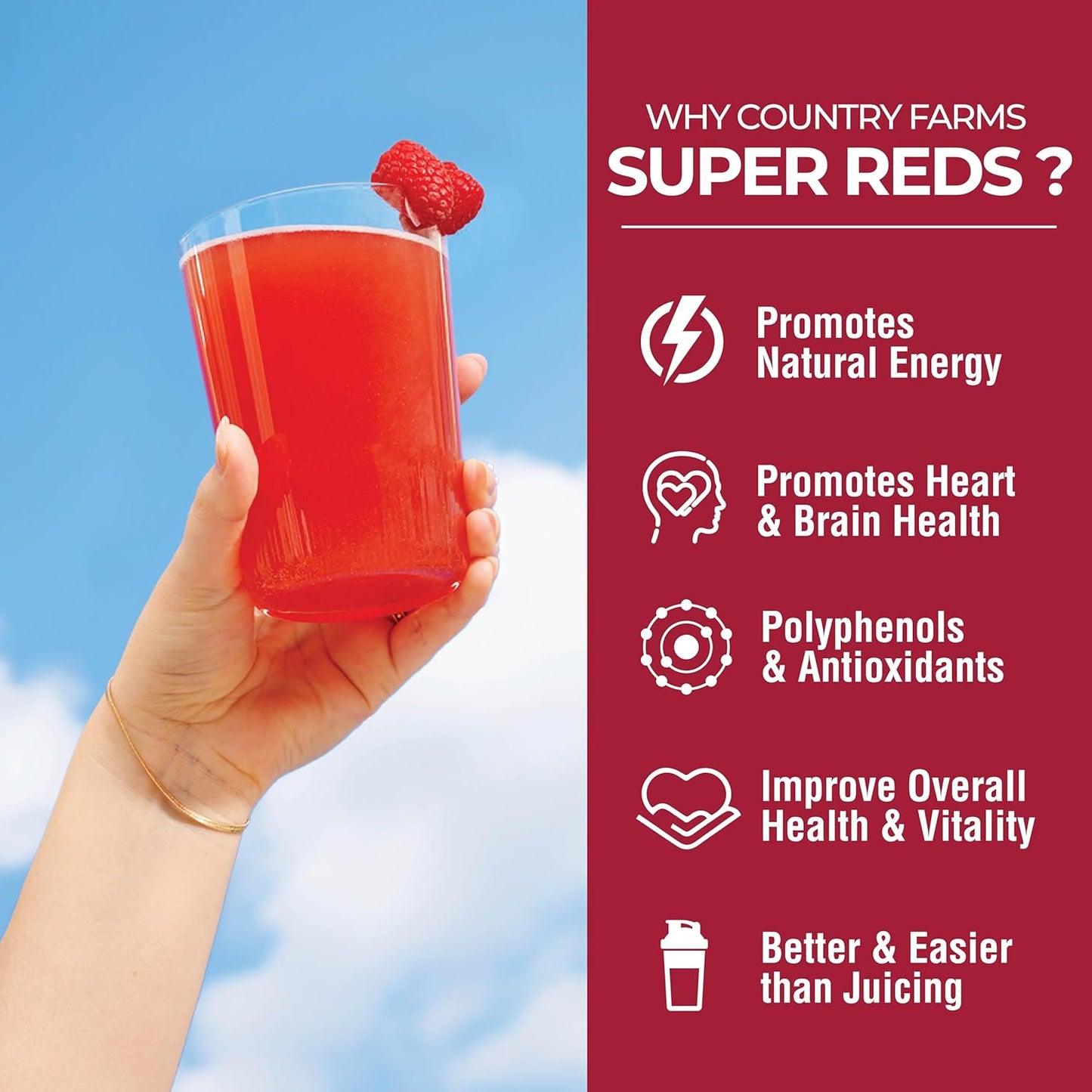 COUNTRY FARMS Super Reds, Energizing Polyphenol Superfood, Over 40 Super Fruits and Berries, Powerful Antioxidants and Polyphenols, Supports Energy, Supports Circulation, 40 Servings, Mixed Berry