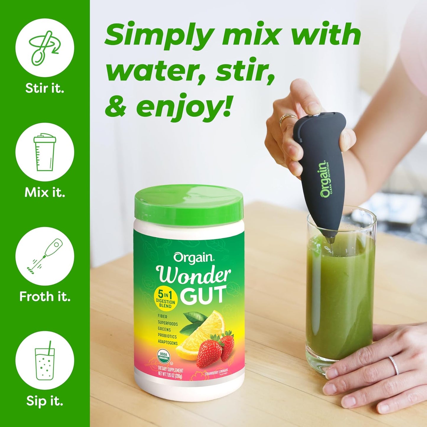 Orgain Organic Wonder Gut Fiber Supplement Powder, 5 in 1 Blend with 1 Billion Probiotics, Greens, Vitamin C, Adaptogens for Gut Health and Immune Support, Non-GMO, Strawberry Lemonade, 7.05 oz