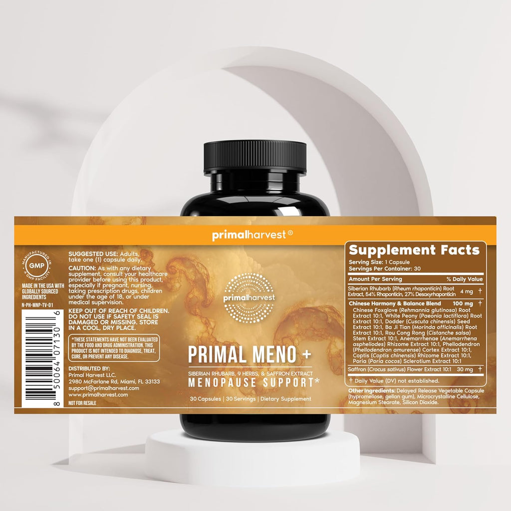 Primal Harvest Meno+ Menopause Support with Saffron & Chinese Herbs Support Mood, Menopausal Symptom Relief, & General Well-Being (2 Pack)