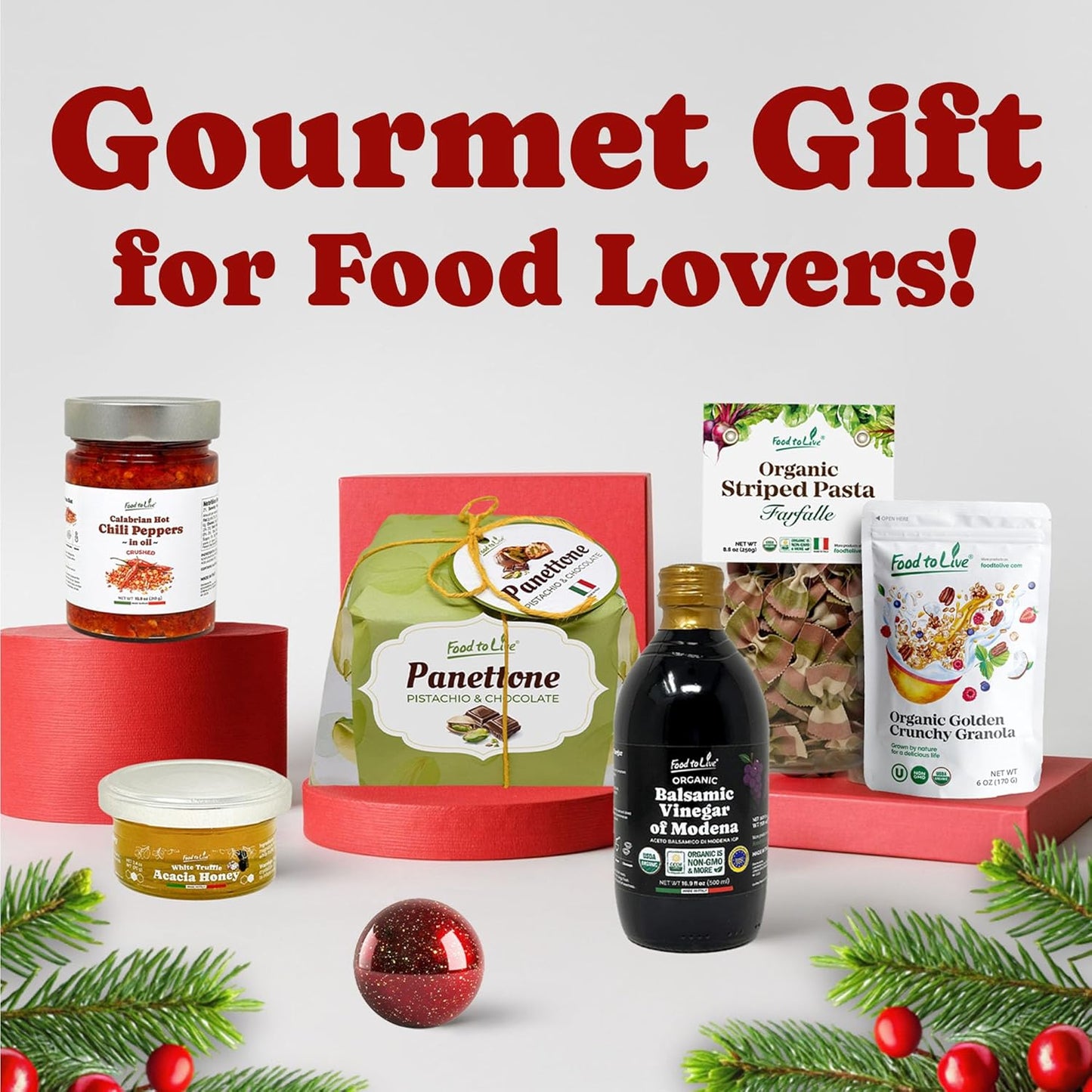 Food To Live Holiday Gift Basket – Italian Pistachio and Chocolate Panettone, Organic Pasta, Organic Balsamic Vinegar, Truffle Honey, Calabrian Hot Chili Pepper and Crunchy Granola