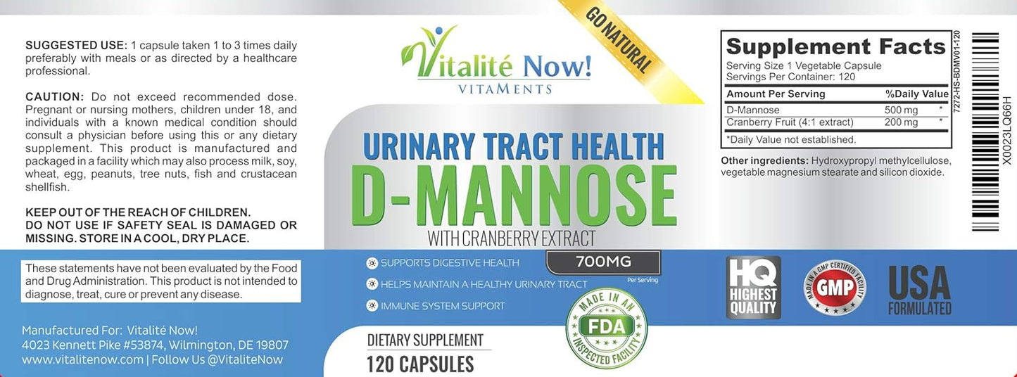 High Strength Pure D-Mannose with Cranberry Extract for Natural Urinary Tract Infections and UTI Support - Digestive Health - Immune System Support - 700mg - Non-GMO - 120 Pills