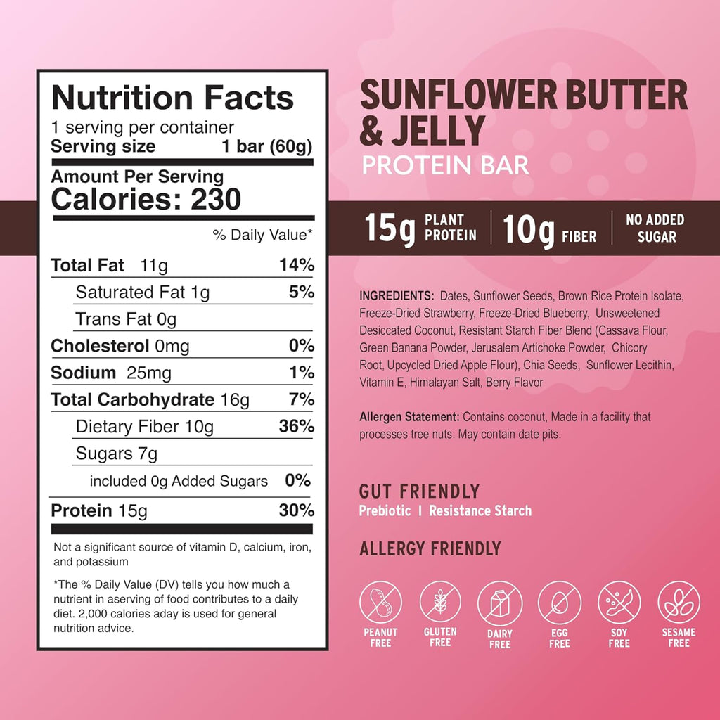 Amrita Nut Free Sunflower Butter & Jelly Vegan Protein Bars (12 Count) | 15g Plant-Based Protein Bar | Peanut Free, Gluten Free, and Dairy Free | Low Sugar, High Fiber, Healthy School-Safe Snacks