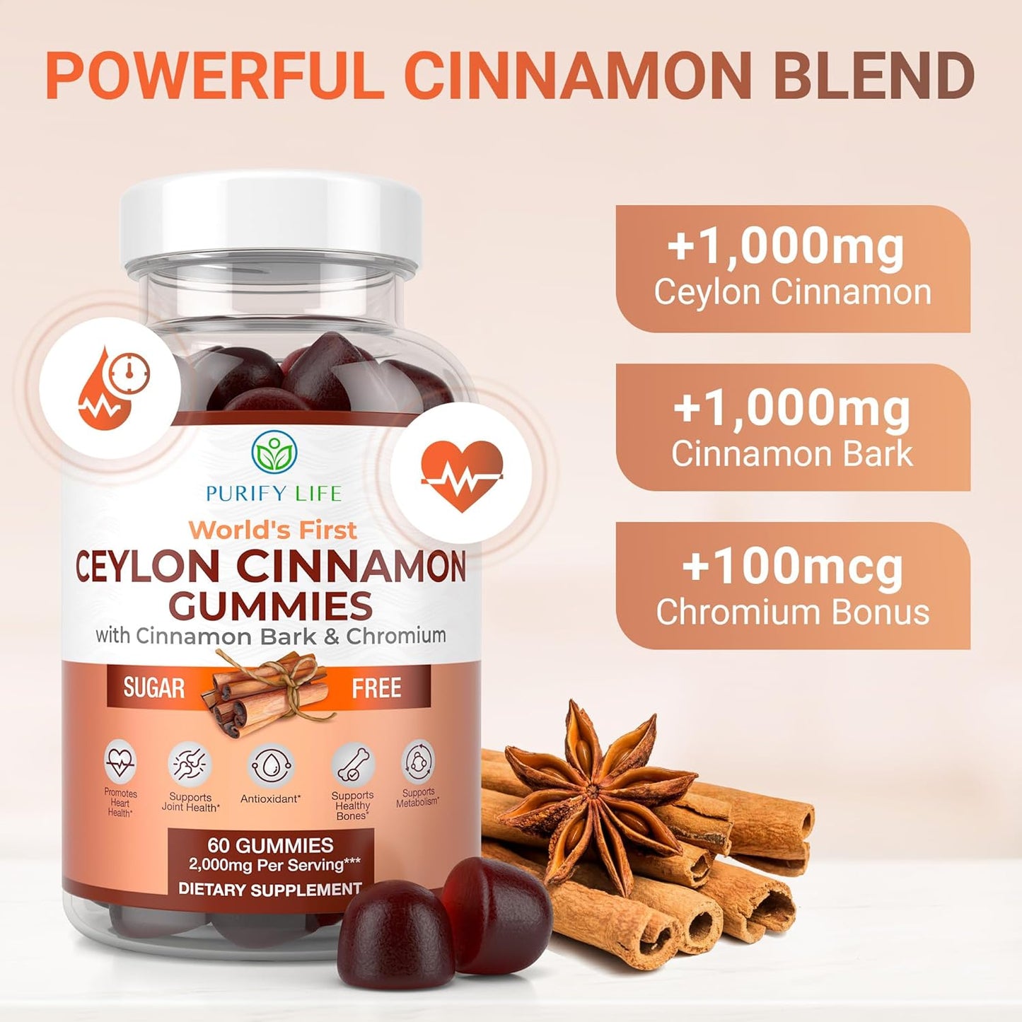 Purify Life Sugar-Free Ceylon Cinnamon Gummies (2,000mg/Serving) Ceylon Cinnamon Supplement for Brain Health, Vegan, Gluten-Free, Replace Ceylon Cinnamon Capsules, Pills, Powder, Extract (60 Chews)