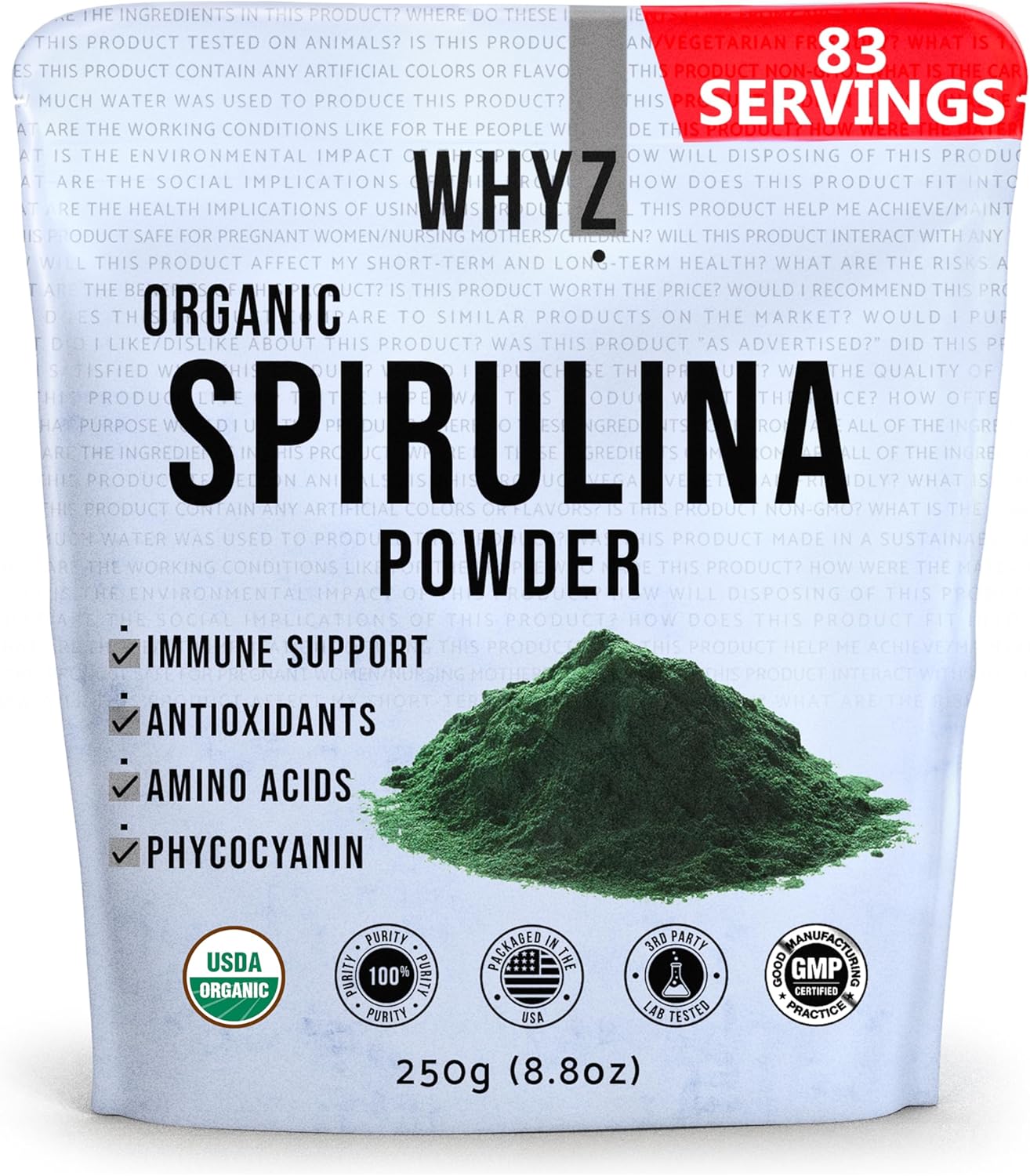 WHYZ Organic Spirulina Powder, 250g, Protein-Rich Spirulina Supplement, Organic Superfood for Immune Support, Green Spirulina Powder Organic Non GMO for Smoothies & Recipes