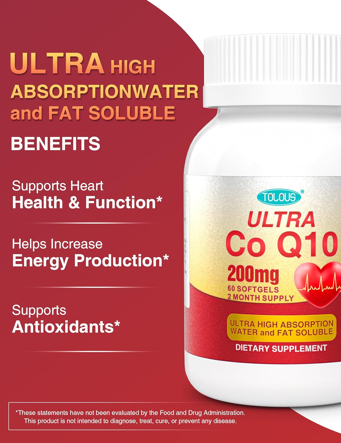 CoQ10 200mg Softgels, Ultra CoQ10 200mg, Ultra High Absorption Coenzyme Q10 Supplements, 2 Month Supply, 60 Count