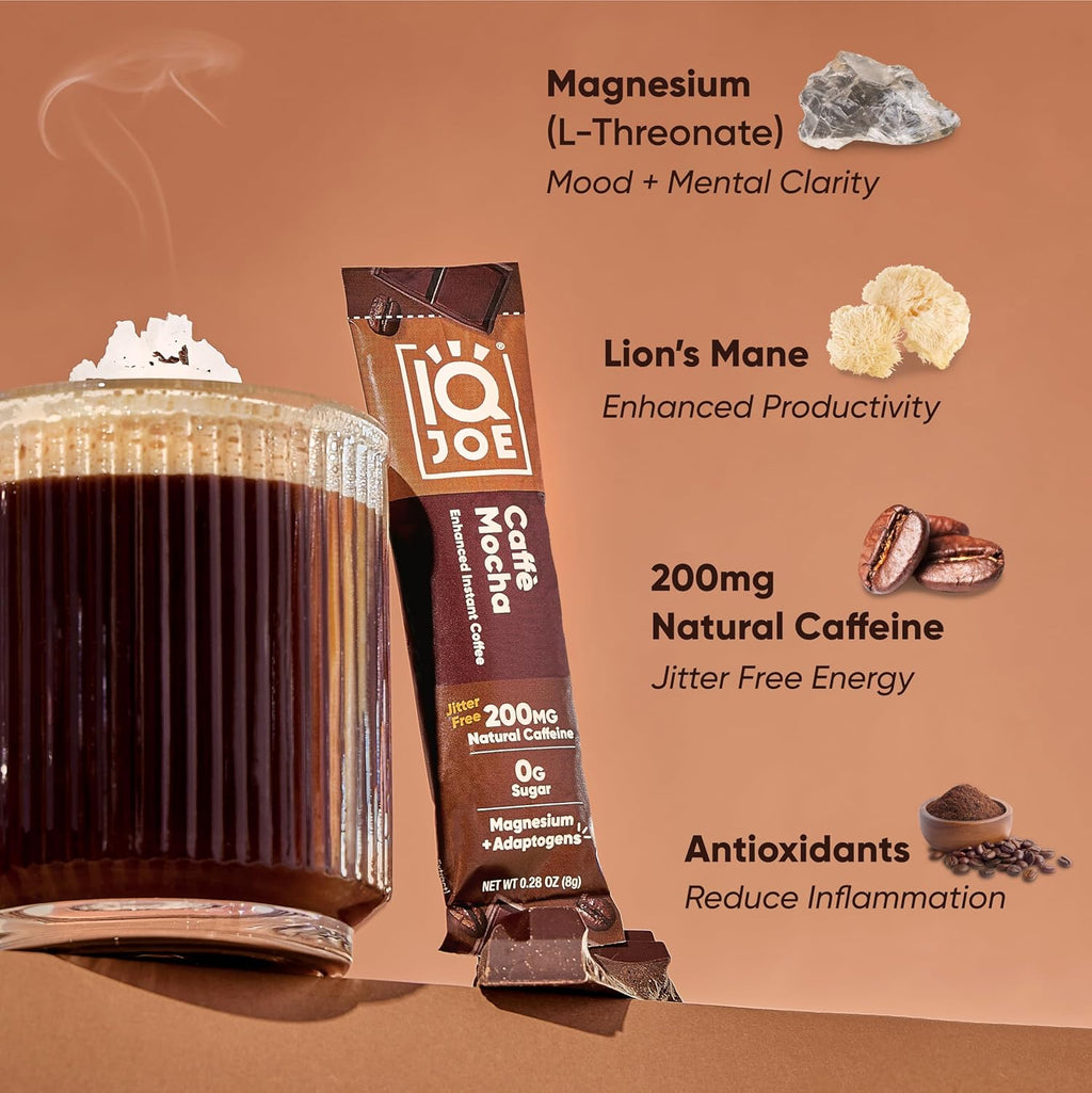 IQJOE Mushroom Coffee Packets (40 Servings) Lion’s Mane, Magtein Magnesium, Antioxidants, Adaptogens - Caffe Mocha - Instant Coffee for Focus, Clarity, Mood, Energy Boost - Sugar Free, Keto, Vegan
