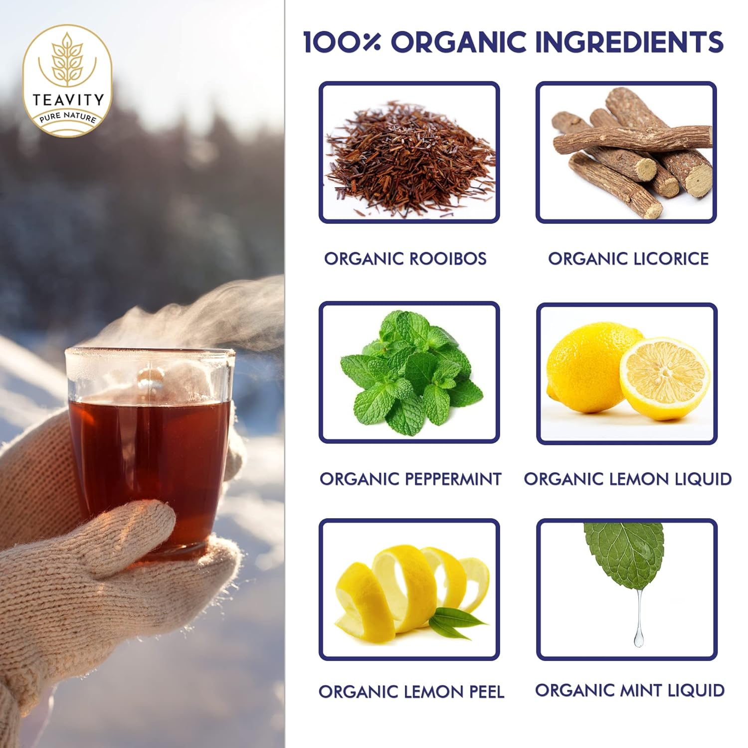 Organic Rooibos Tea Pods for Keurig with Lemon, Mint, Licorice - Unsweetened Decaf Tea for K Cup Brewing - Cold Be Gone by Teavity (12 Tea Pods)