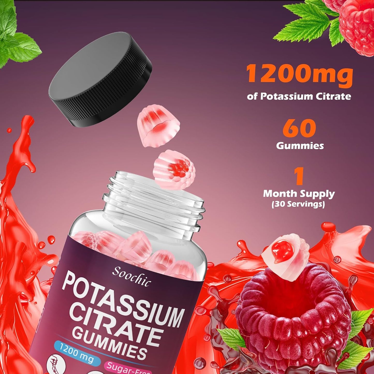 Potassium Citrate Gummies - 1200mg Chewable Potassium Supplement for Men & Women - Supports Leg Cramps & Muscle Health - Vegan, Gluten Free, Sugar Free - Raspberry Flavor (60 Count)